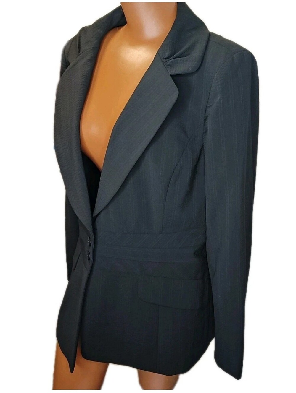 Classiques Entier Wool Blend Blazer Jacket Sz 14/L Black Blue Pinstriped Career